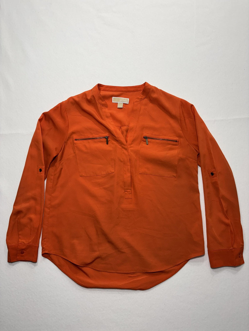 MICHAEL Michael Kors Blouse Womens Large Orange V Neck Zip Pocket Tunic Top