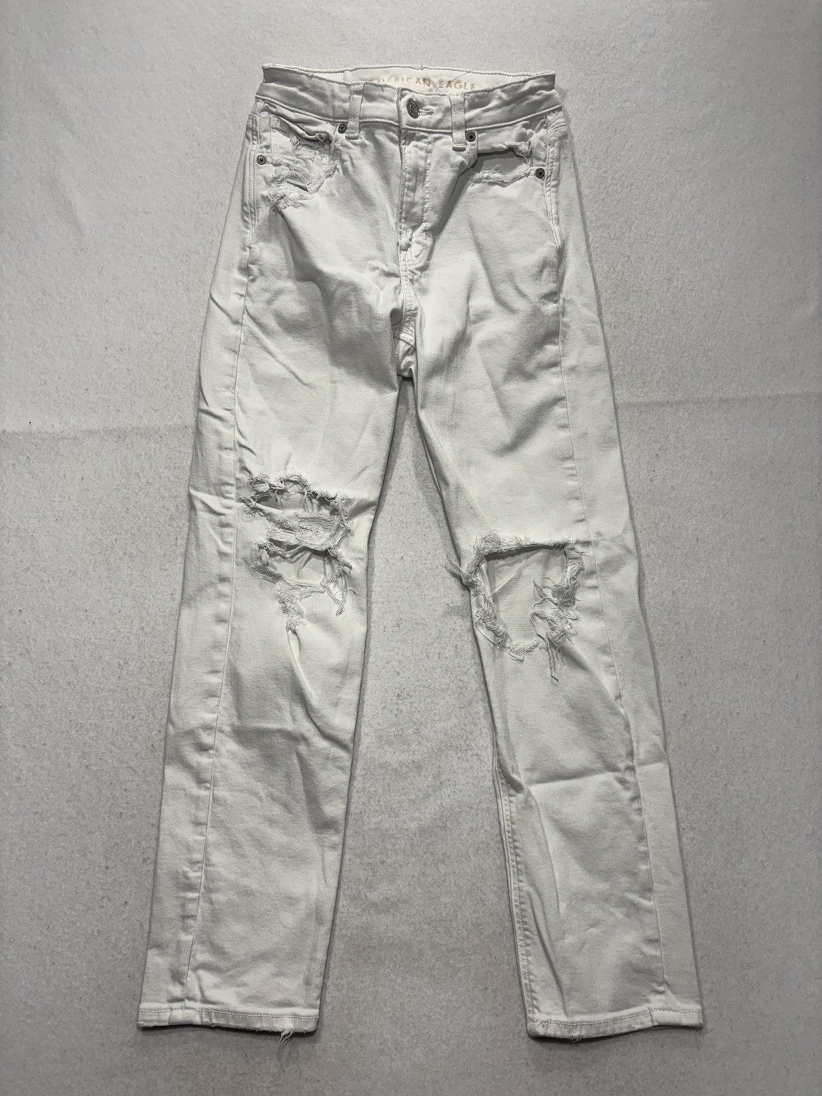 American Eagle Mom Straight Jeans Womens 0 White High Rise Distressed 28x29