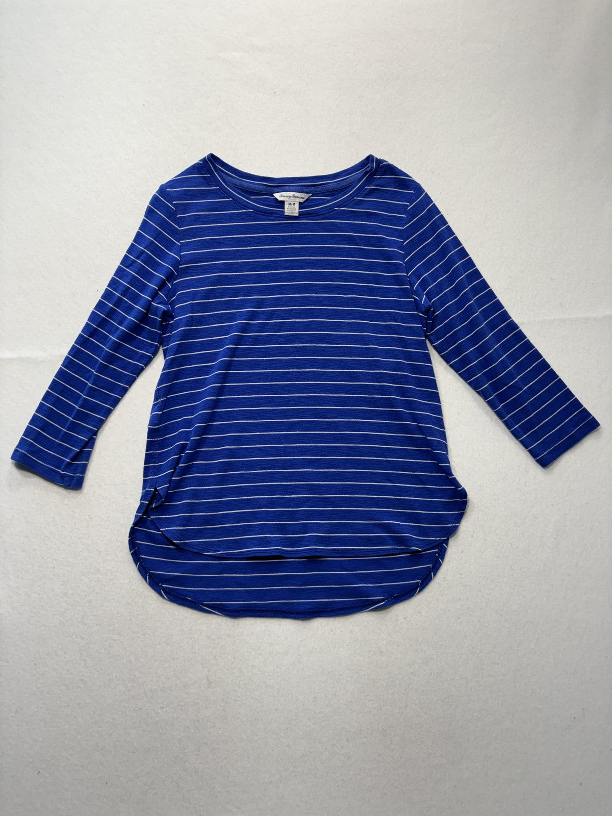 Tommy Bahama Shirt Womens Medium Blue Stripe Crew Neck 3/4 Sleeve Tunic Top