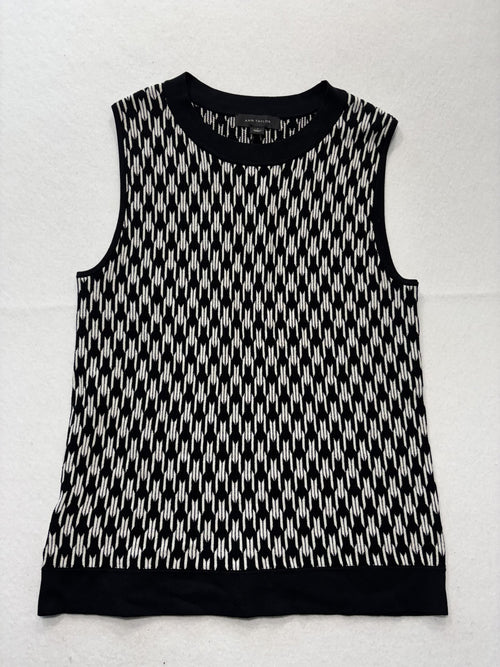 Ann Taylor Sweater Vest Womens Small Black White Geometric Crew Neck Sleeveless