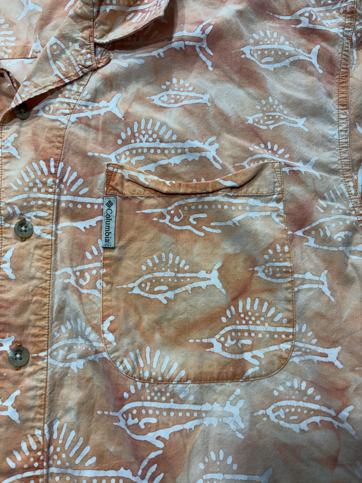 Columbia Shirt Mens Large Orange Fish Print Short Sleeve Button Up Hawaiian
