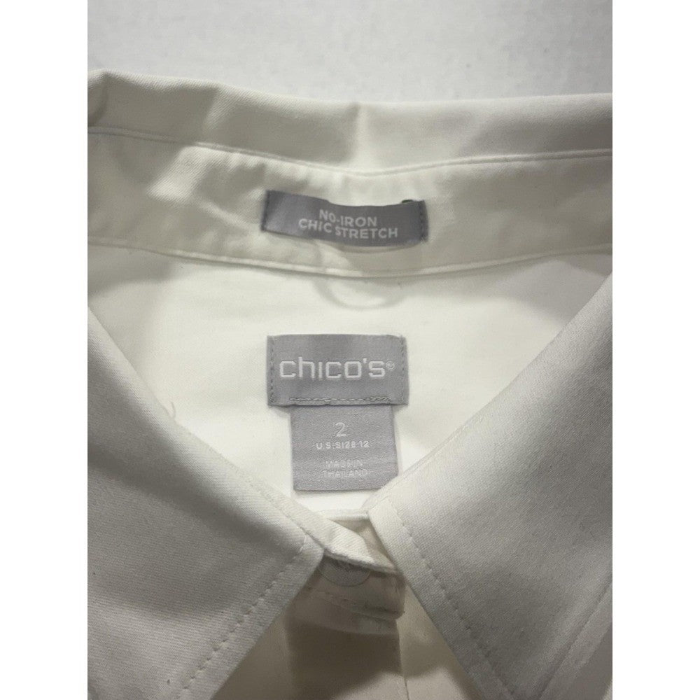 Chico's Blouse Womens 12 White Button Front Collared 3/4 Bell Sleeve Tunic Top