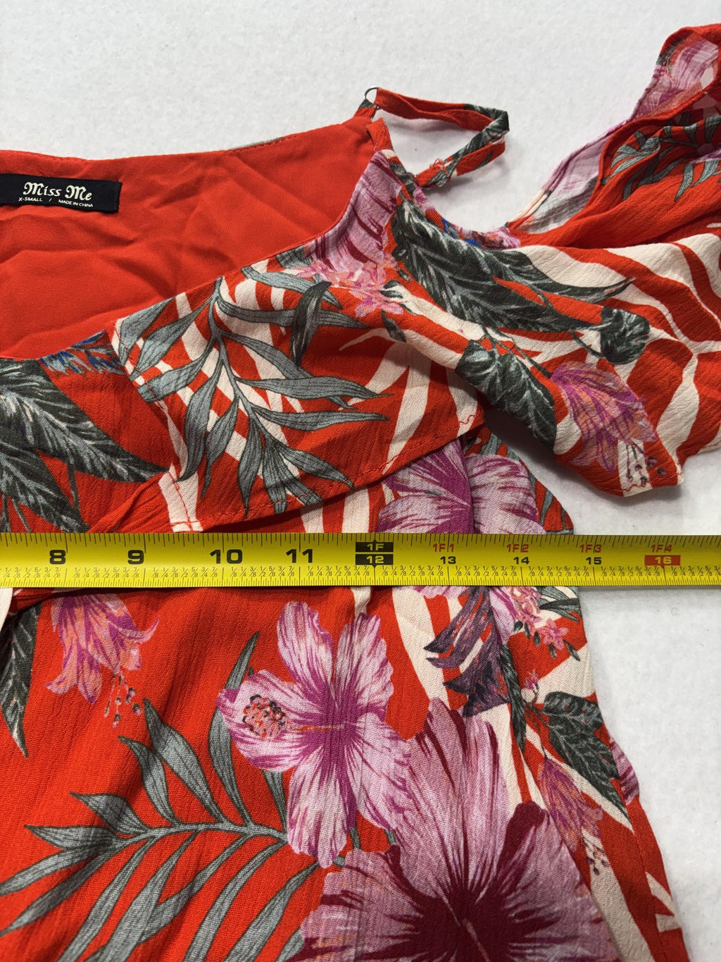 Miss Me Blouse Womens XS Red Floral Tropical Cold Shoulder Ruffle Strap Top