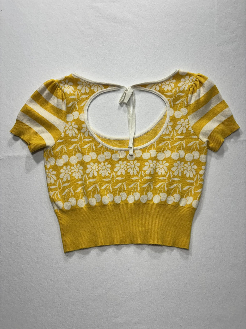 Maeve Sweater Womens Medium Yellow Floral Puff Sleeve Scoop Neck Tie Back Crop