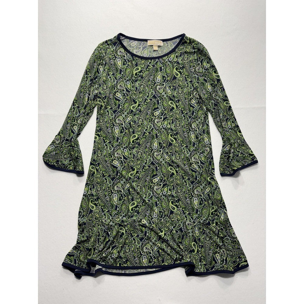 MICHAEL Michael Kors Womens Large Blue Green Paisley Shift Bell Sleeve Dress