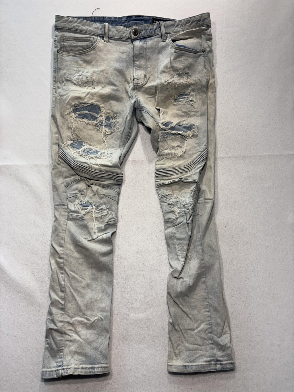 Smoke Rise Jeans Mens 38x34 Blue Light Wash Distressed Moto Biker Slim Tapered