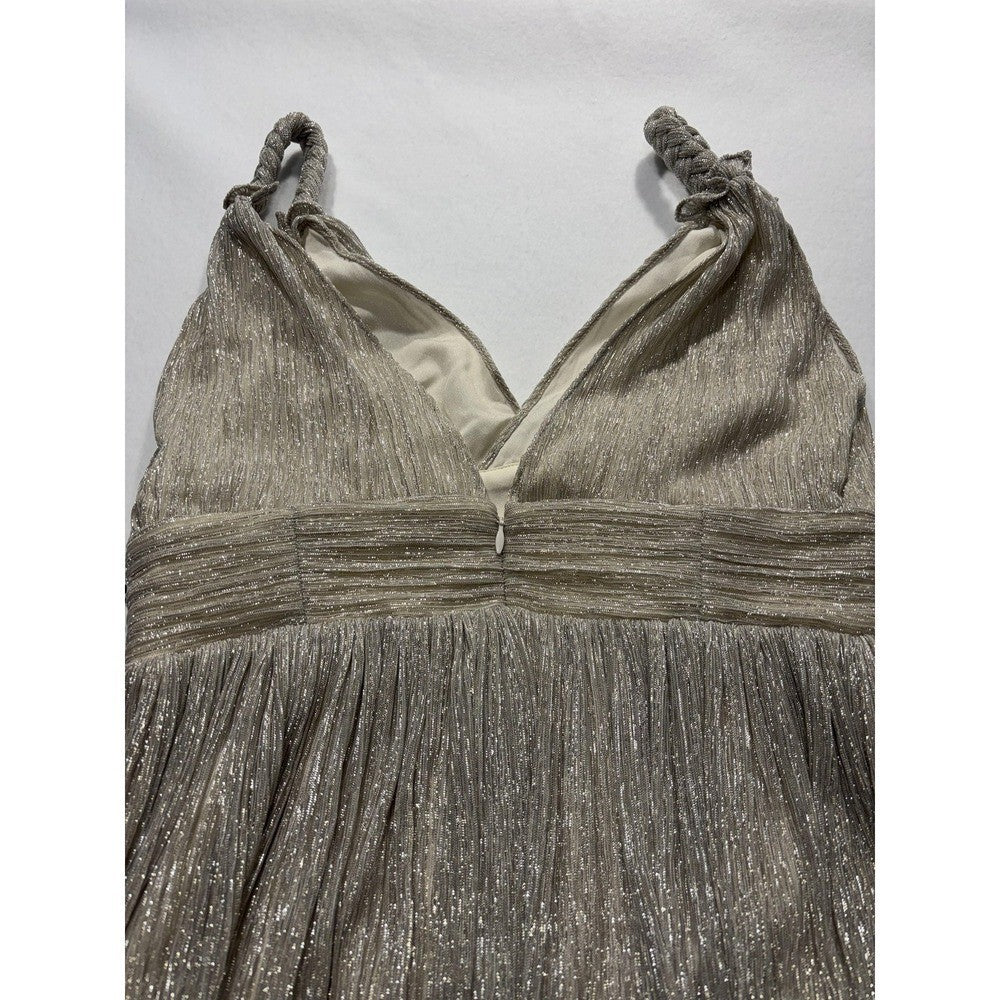 LINI Katherine Dress Womens Medium Champagne Metallic Pleated V Neck Maxi