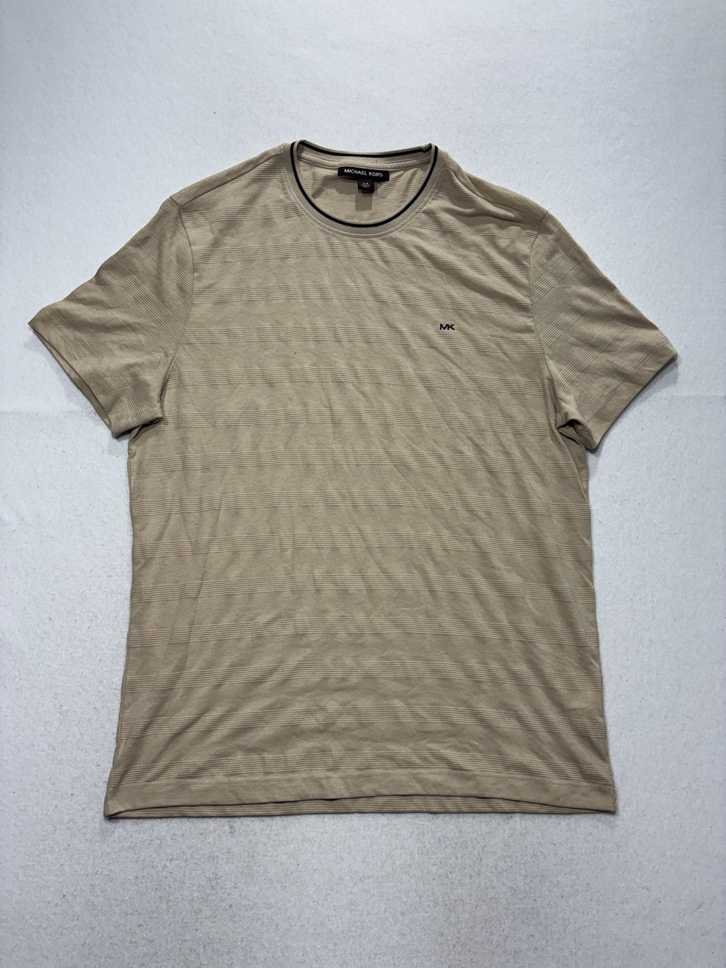 Michael Kors Shirt Mens Large Beige Textured Stripe Crew Neck Short Sleeve Tee