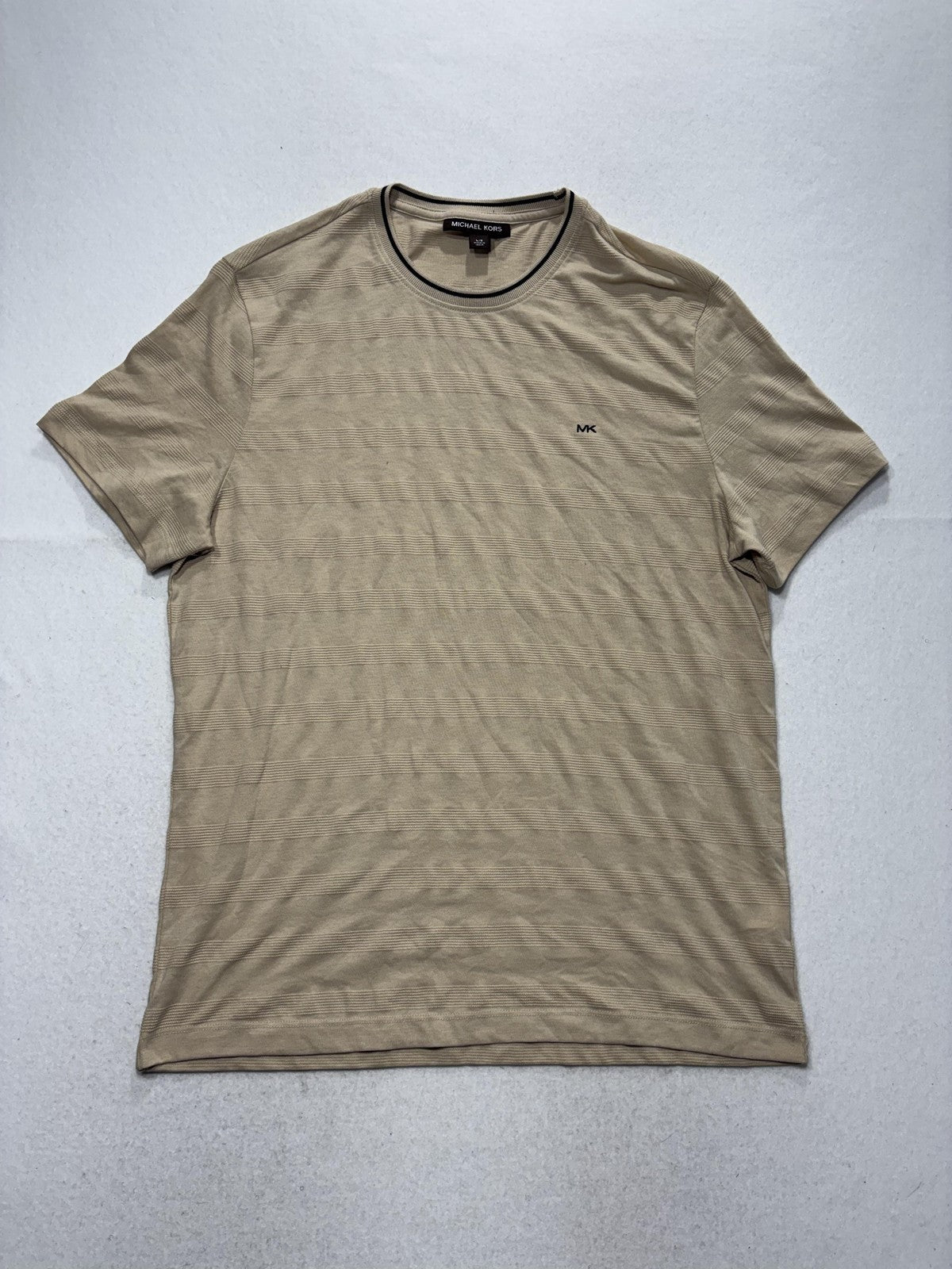 Michael Kors Shirt Mens Large Beige Textured Stripe Crew Neck Short Sleeve Tee