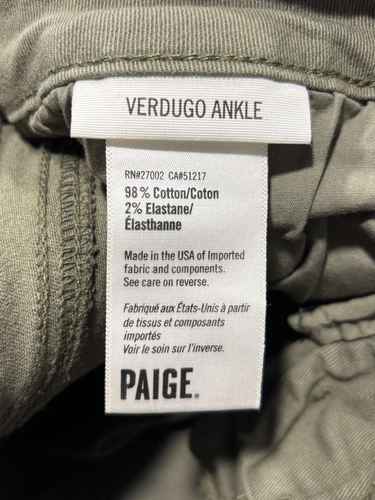 Paige Verdugo Ankle Jeans Womens 30 Green Mid Rise Skinny 30x28 Stretch Denim