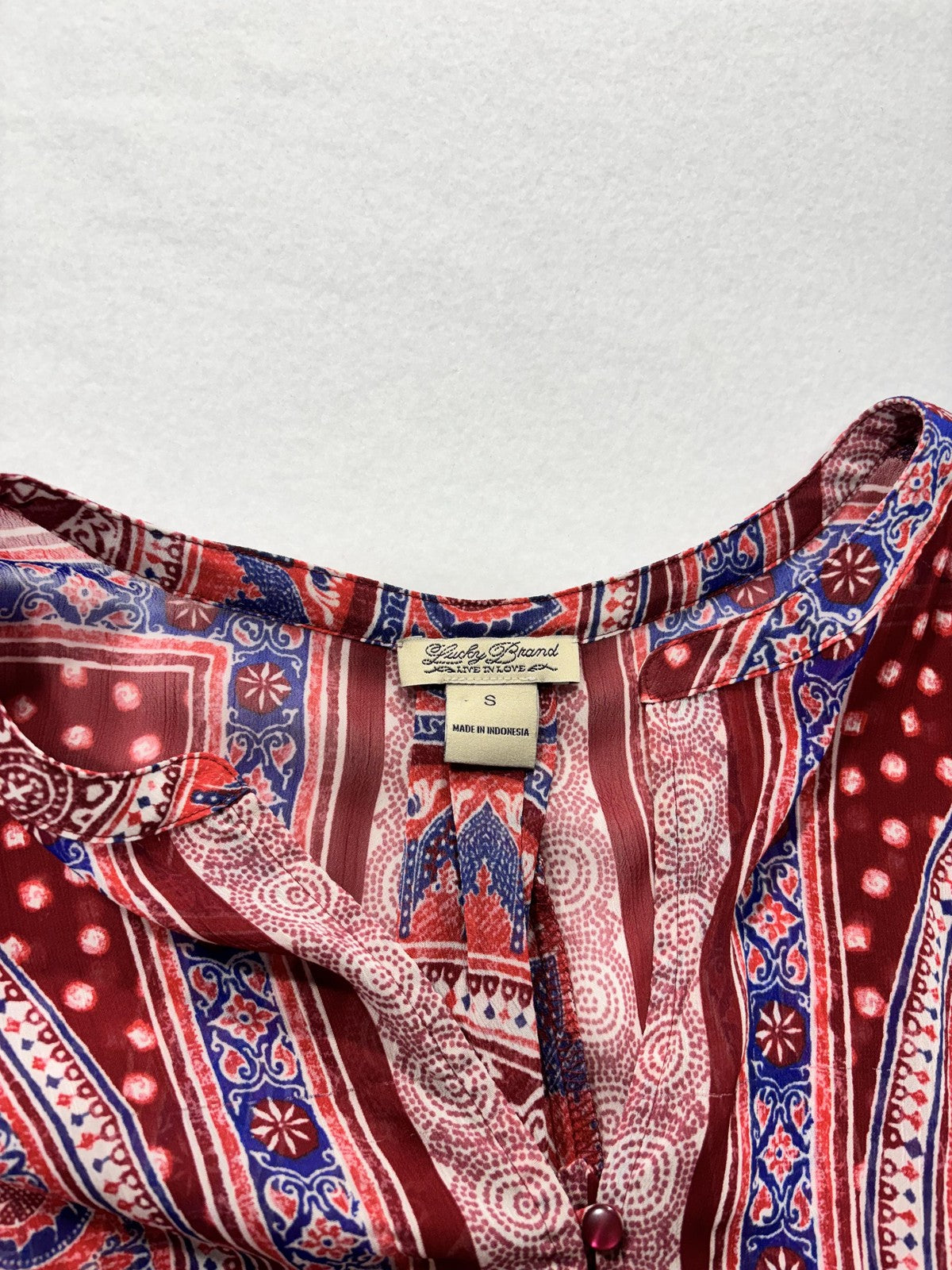 Lucky Brand Blouse Womens Small Red Paisley Long Sleeve Tunic Top Boho