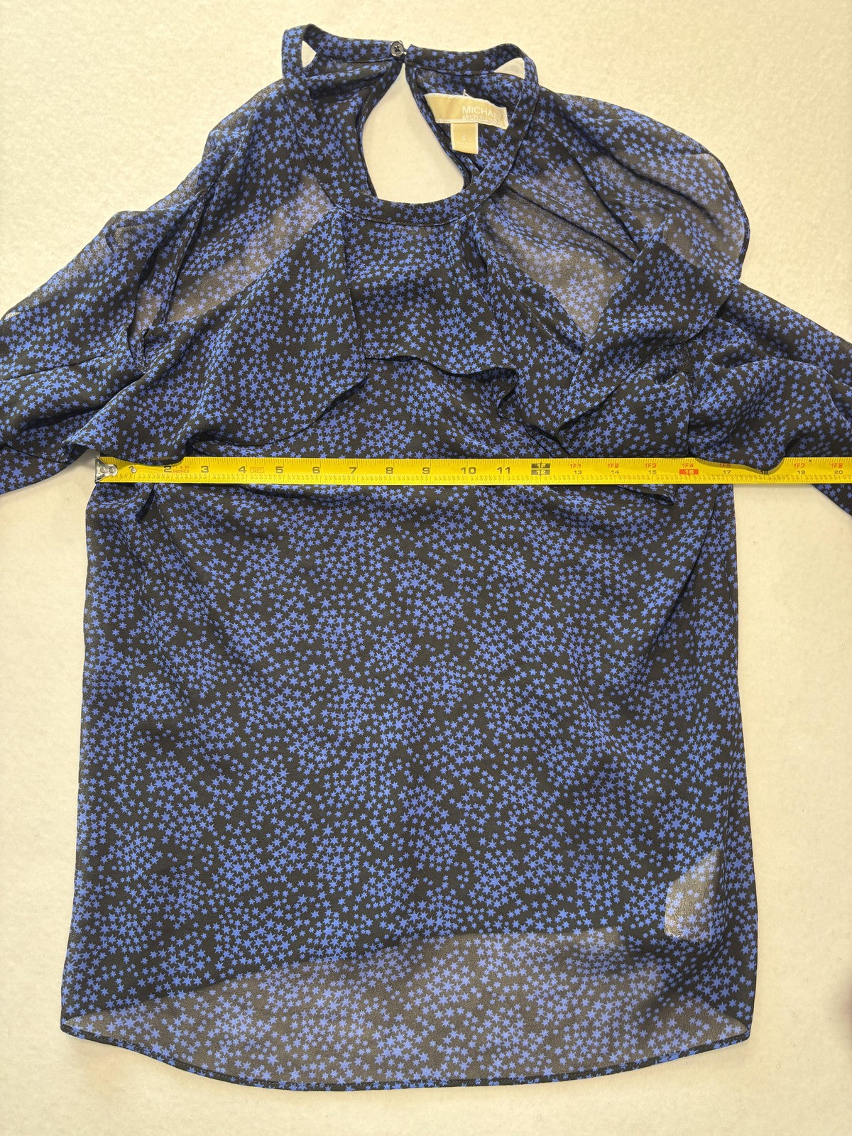 MICHAEL Michael Kors Blouse Womens Small Blue Star Print High Neck Ruffle Sheer