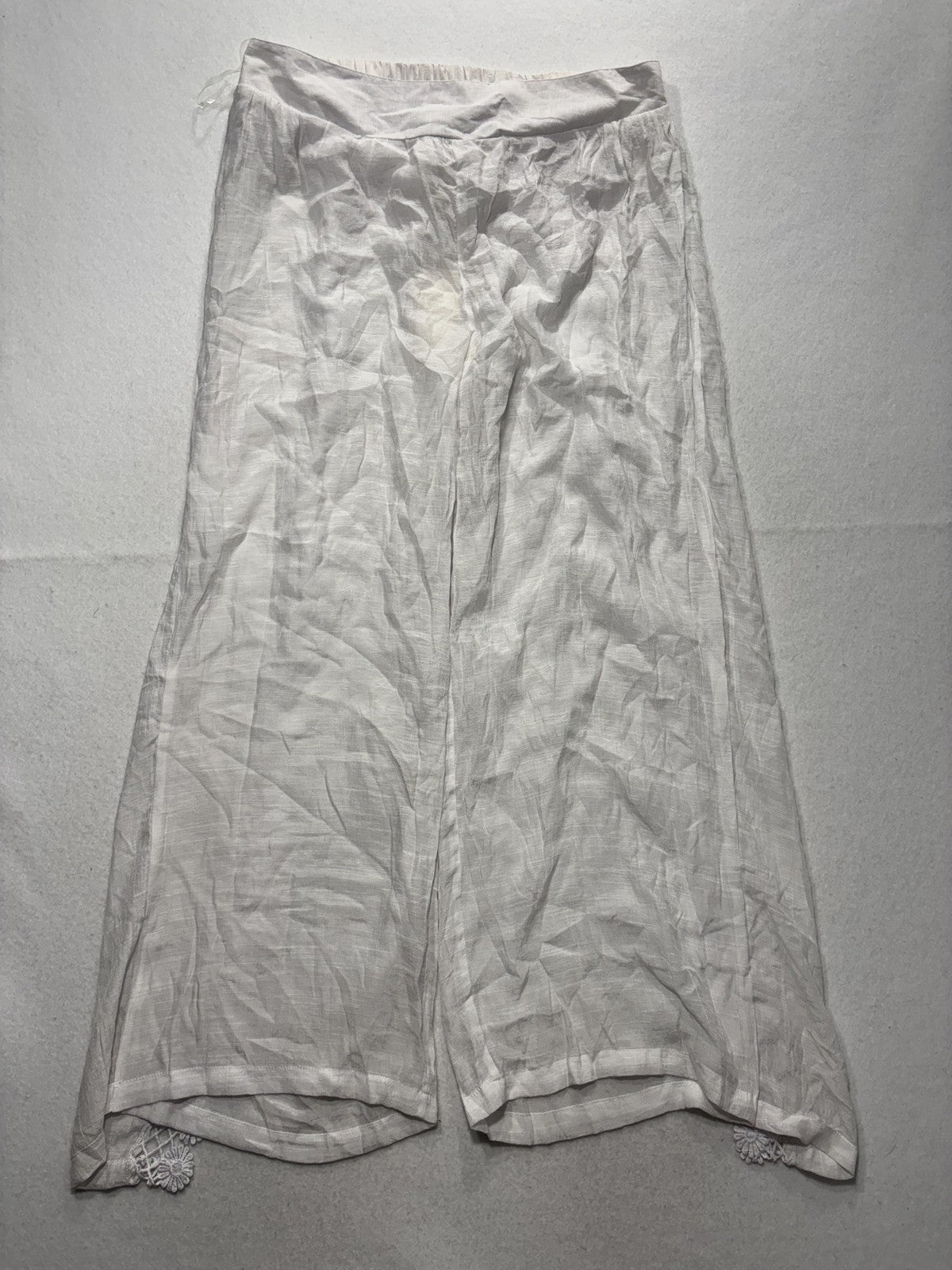VANTARS! Pants Womens XL White Chiffon Wide Leg Lace Trim Slit Beach Cover Up