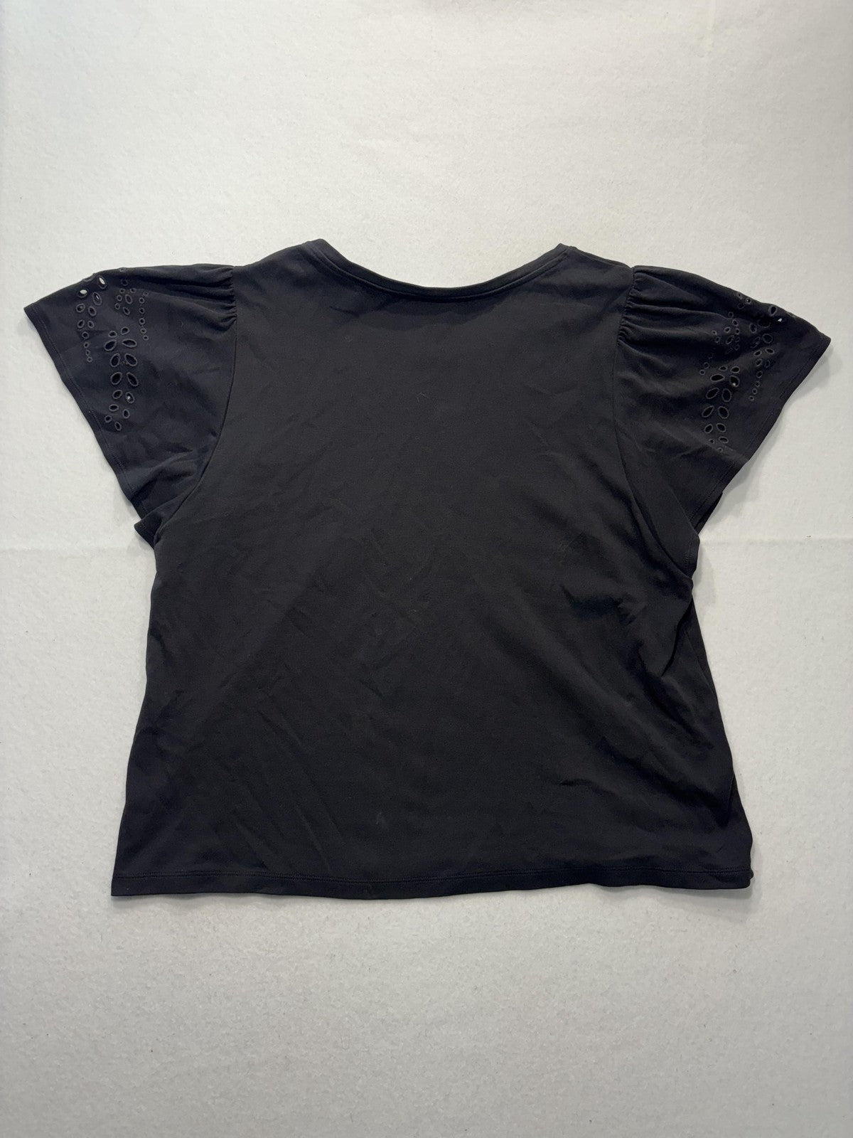 Chico's Shirt Womens XL Black Crew Neck Flutter Sleeve Eyelet Cotton Top