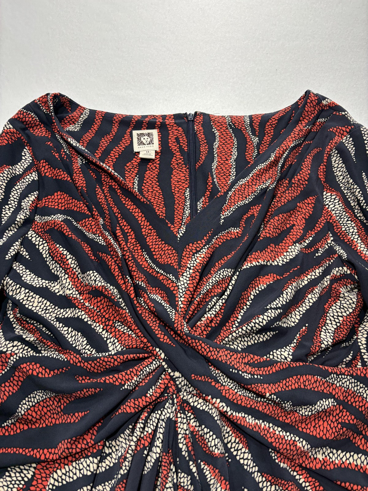 Anne Klein Dress Womens 14 Multi Animal Ruched Sheath 3/4 Sleeve Knee Length