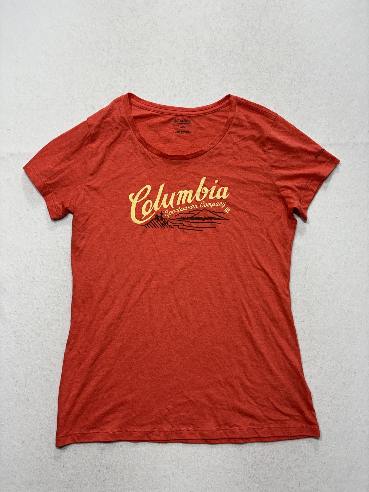 Columbia Shirt Womens Medium Orange Scoop Neck Short Sleeve Graphic Logo Tee