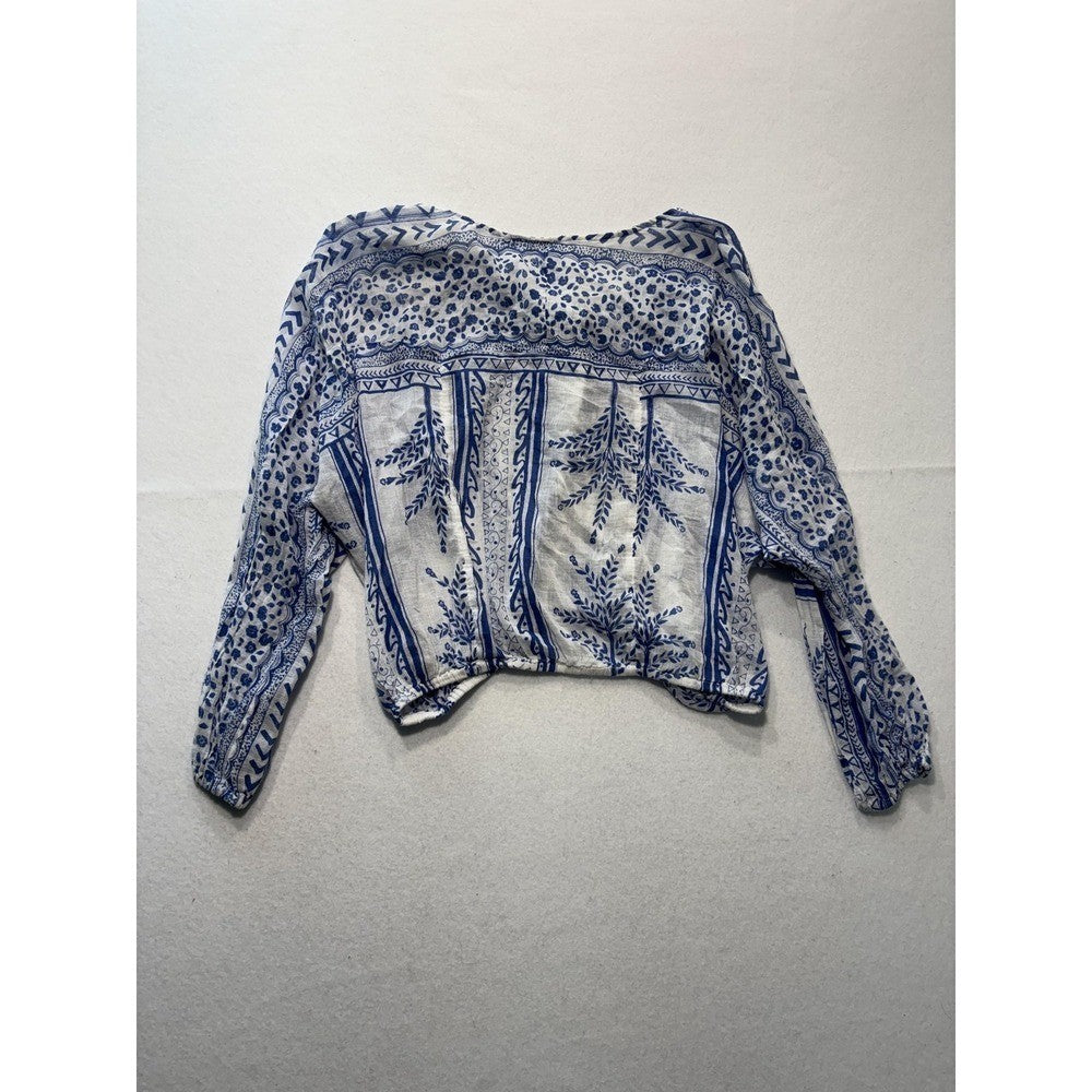 Free People Blouse Womens Medium Blue Long Sleeve Floral Tassel Crop Top Boho