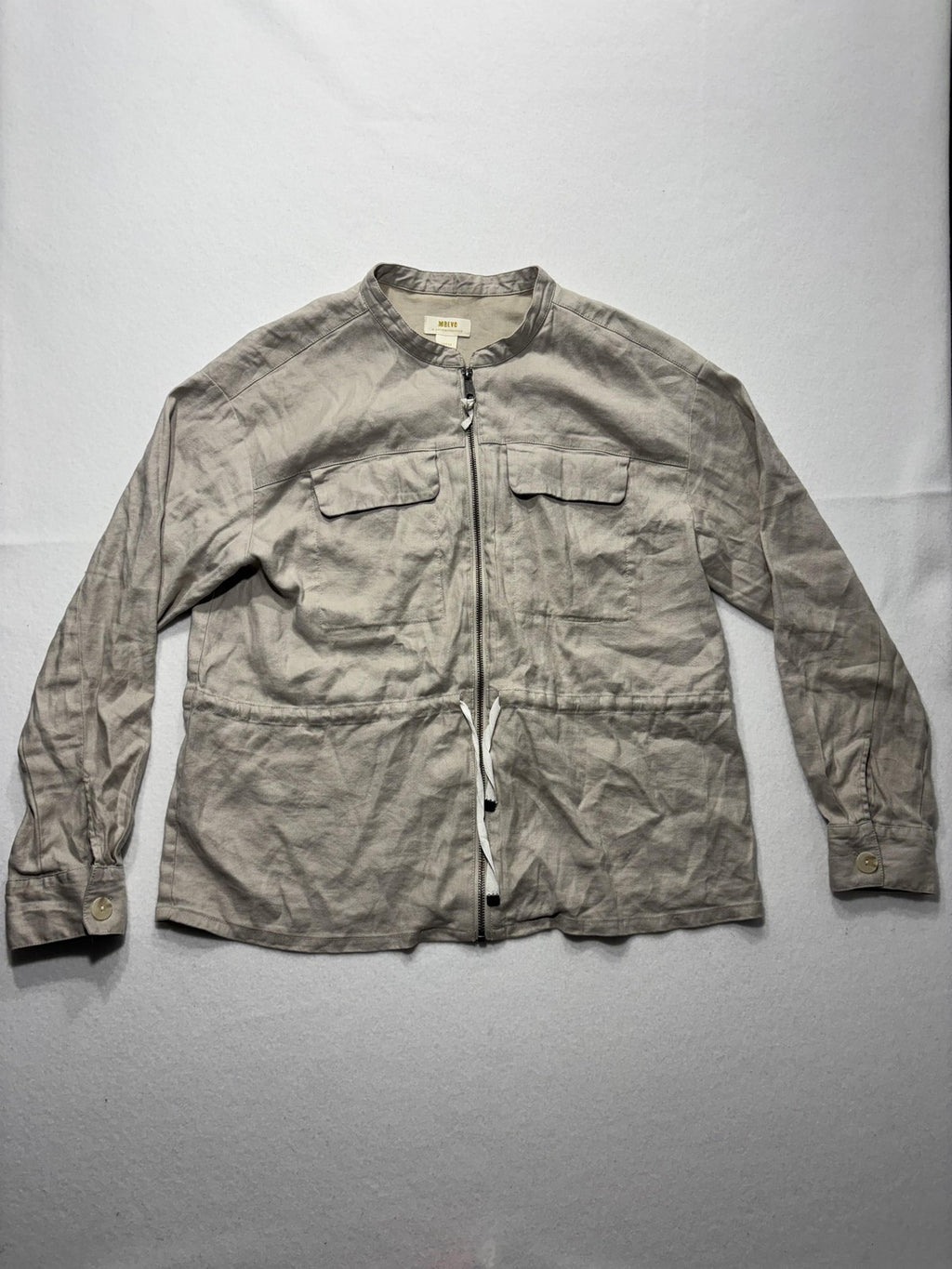 Maeve Jacket Womens L Beige Linen Blend Collarless Full Zip Waist Drawstring