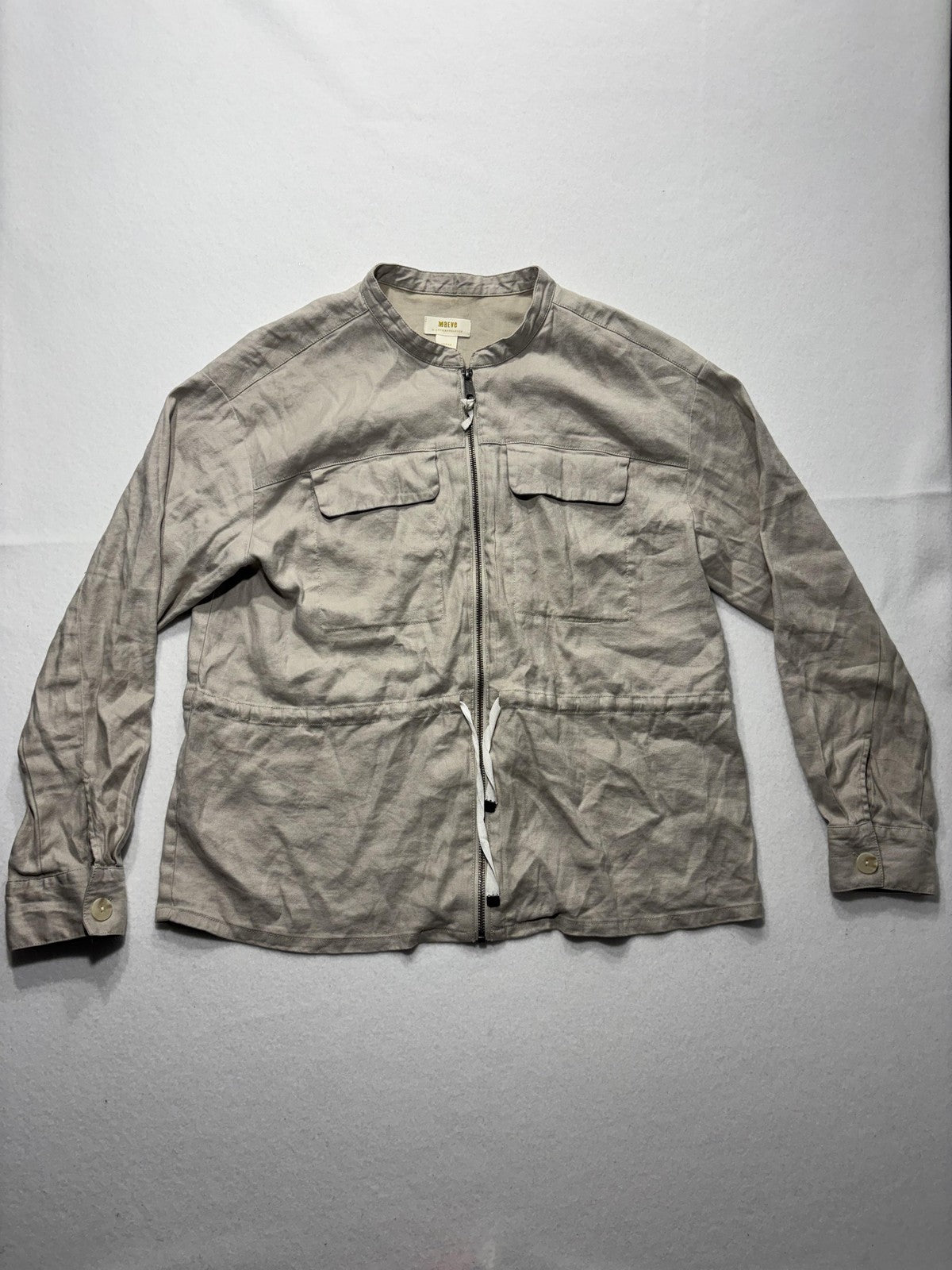Maeve Jacket Womens L Beige Linen Blend Collarless Full Zip Waist Drawstring