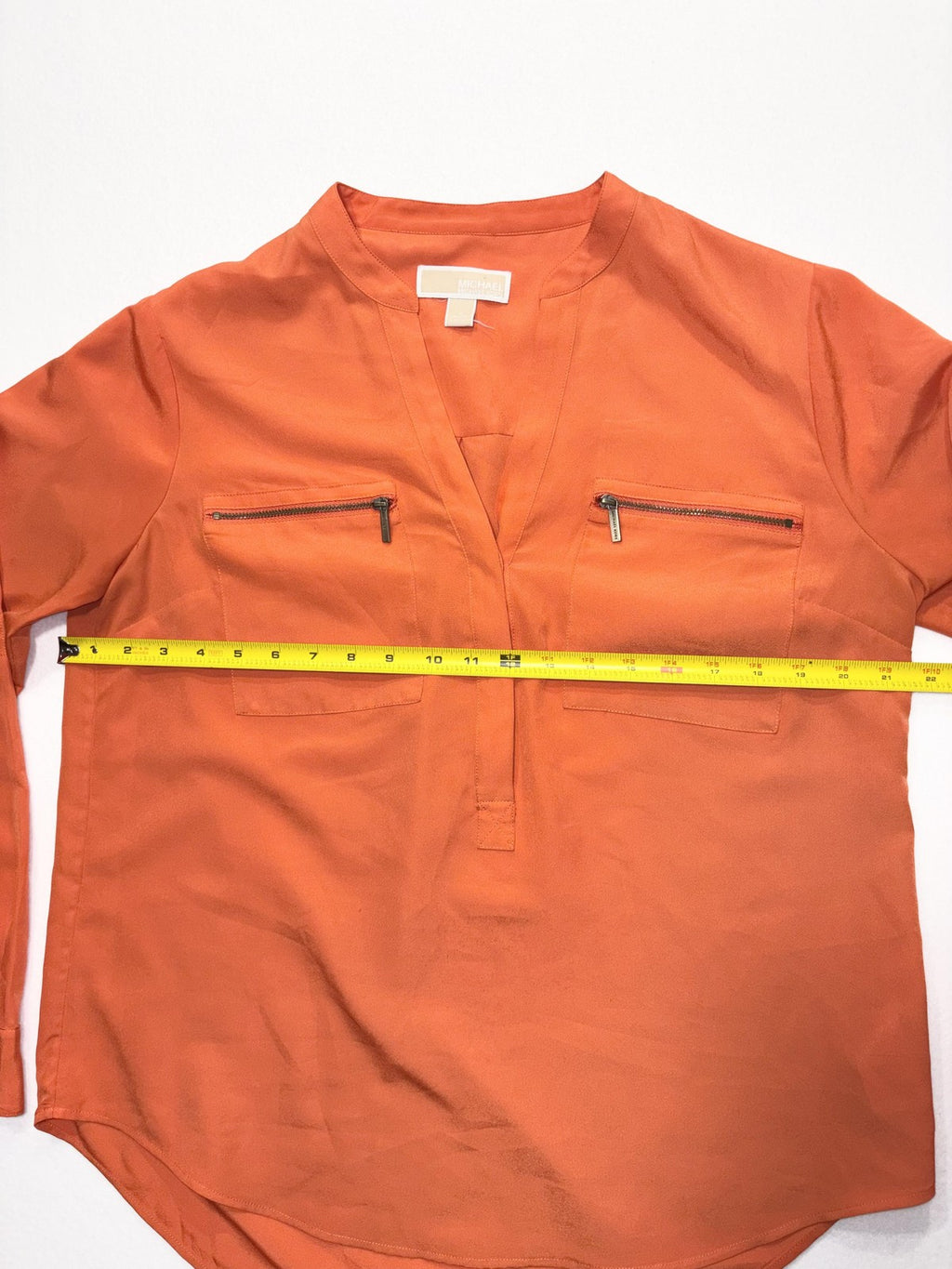 MICHAEL Michael Kors Blouse Womens Large Orange V Neck Zip Pocket Tunic Top