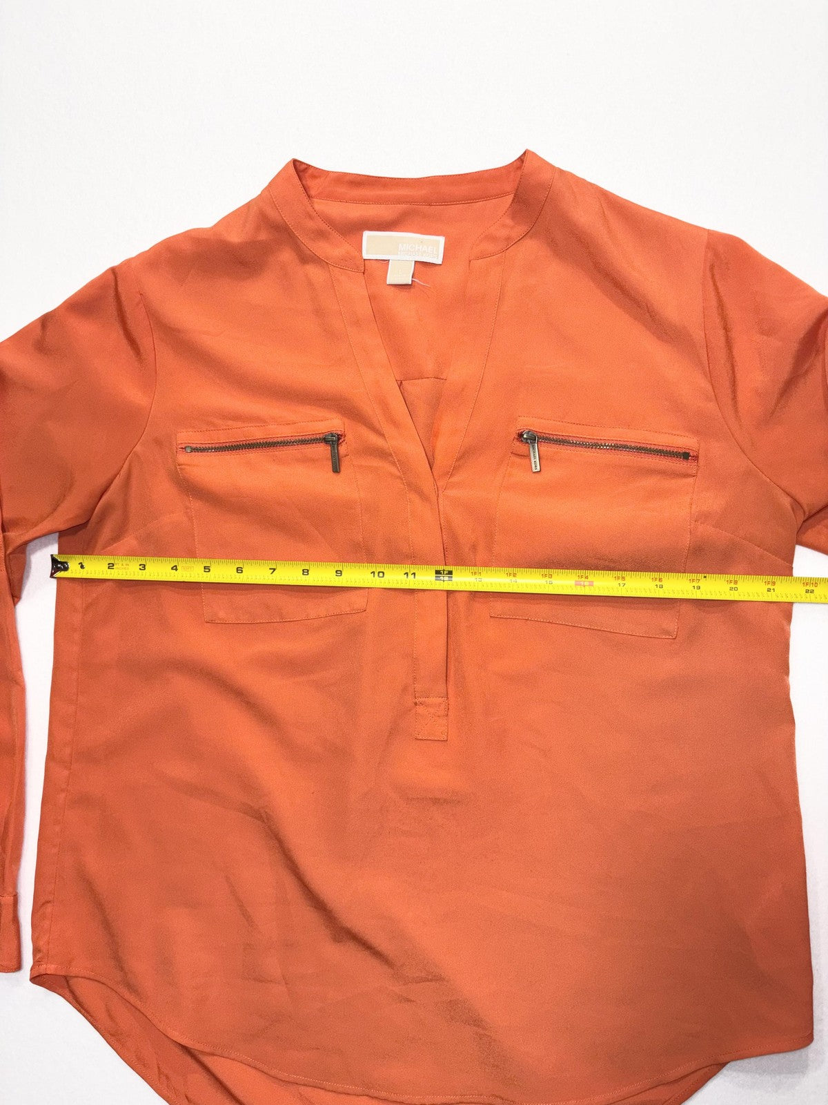 MICHAEL Michael Kors Blouse Womens Large Orange V Neck Zip Pocket Tunic Top