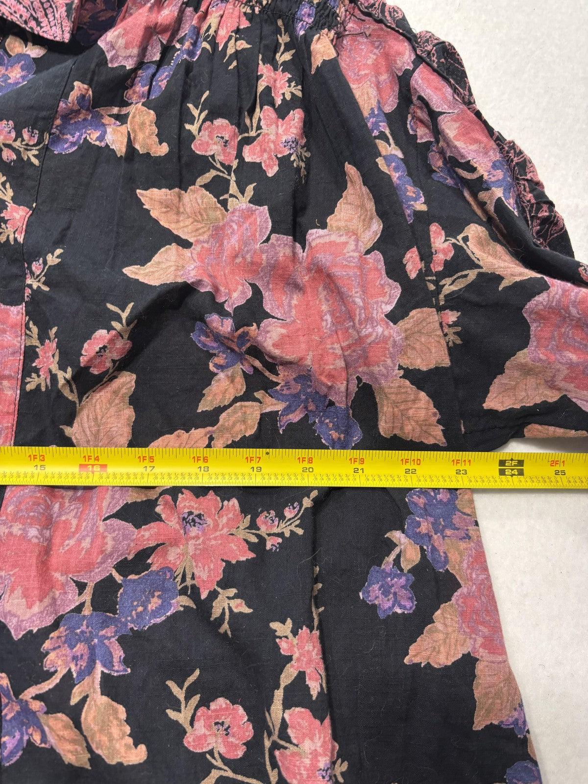 Free People Blouse Womens Medium Black Floral Round Neck Button Long Sleeve Top