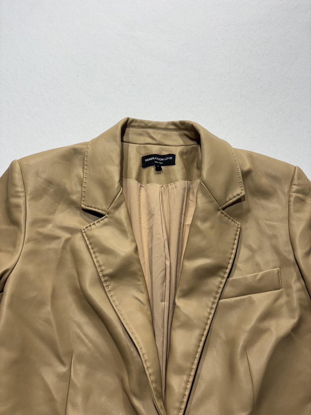 Generation Love Blazer Womens S Beige Faux Leather Ruched Sleeve Lined Jacket