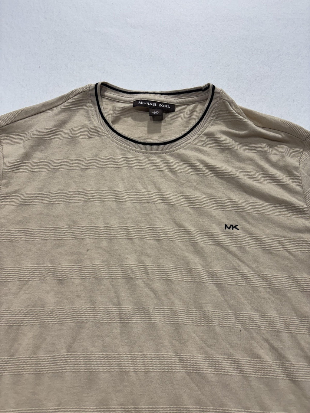 Michael Kors Shirt Mens Large Beige Textured Stripe Crew Neck Short Sleeve Tee