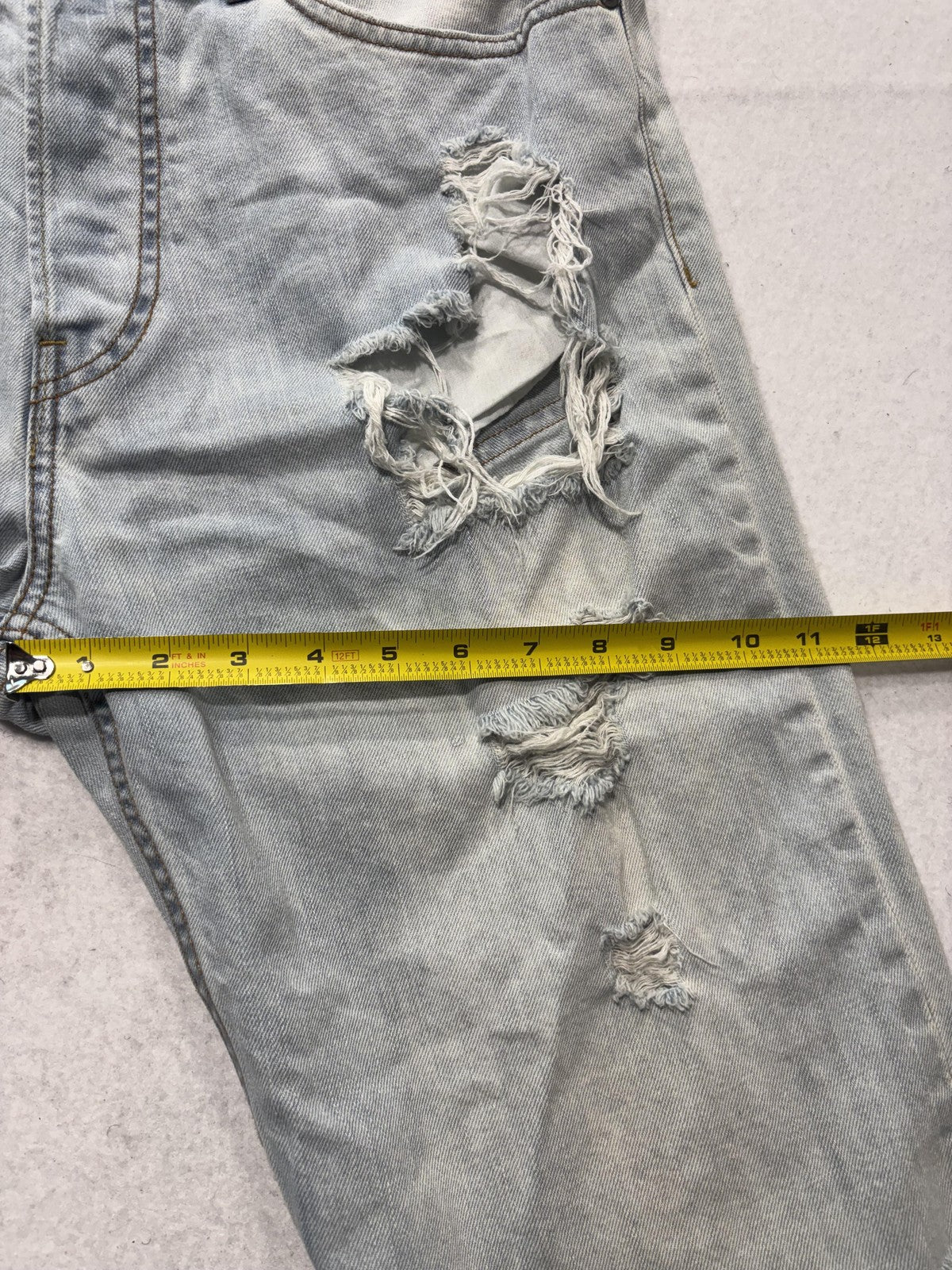 H&M Bermuda Shorts Mens 32 Blue Denim 12" Inseam Distressed Cut Off Frayed Hem