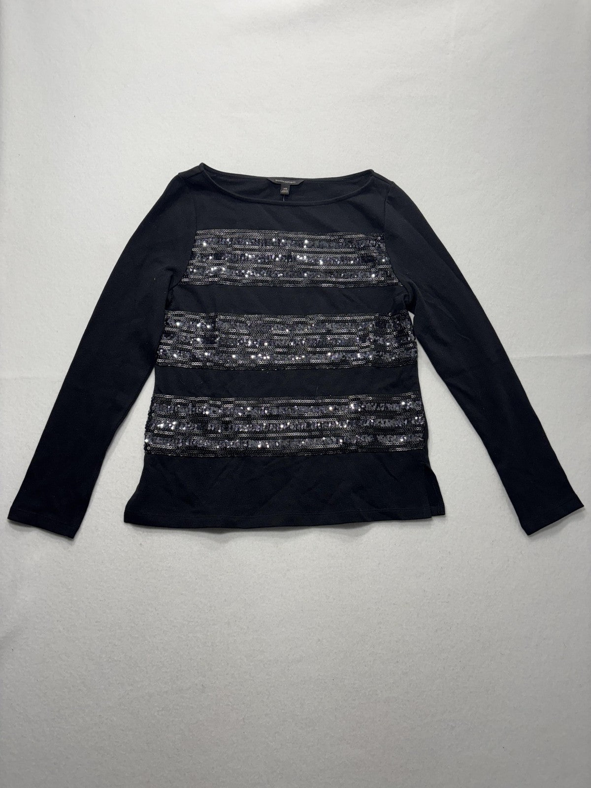Banana Republic Top Womens XS Black Sequin Stripe Boat Neck Long Sleeve Party