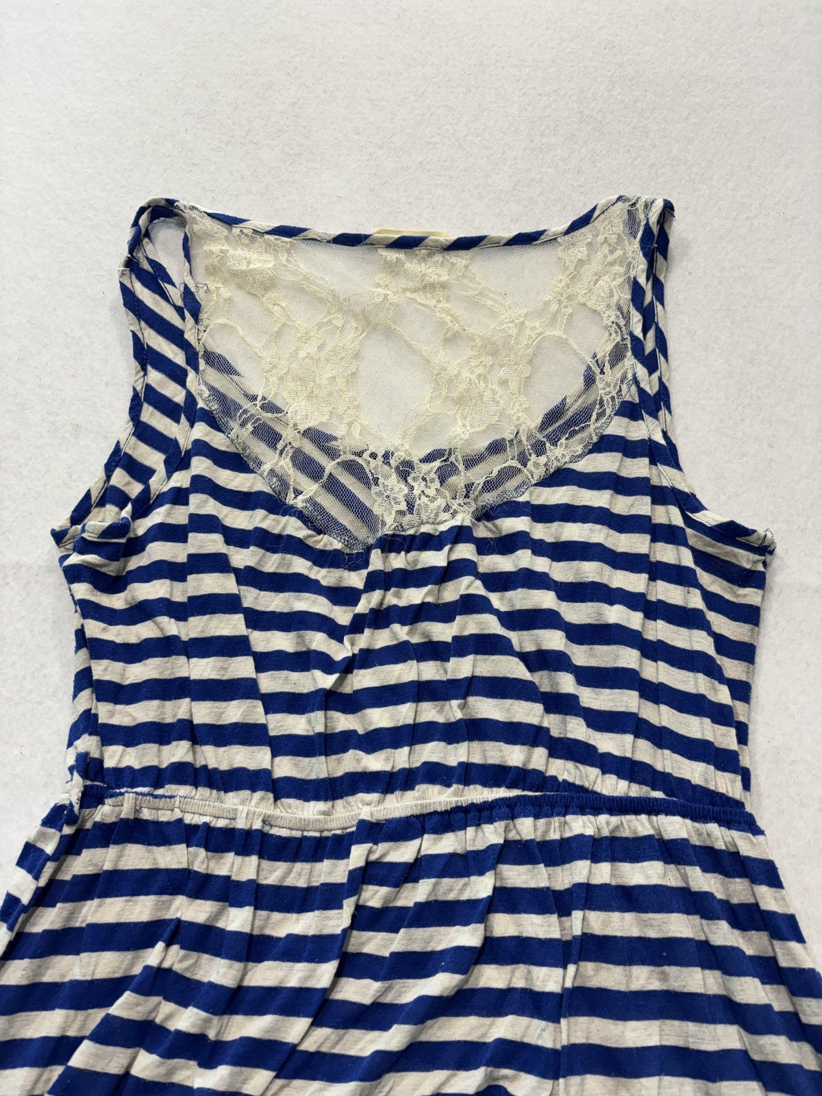 Pearl Blue Stripe Scoop Neck Lace Back Button Fit Flare Sundress Womens Small