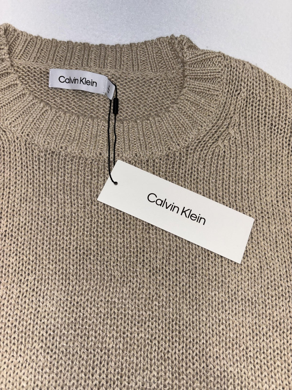 Calvin Klein Sweater Womens M Beige Short Sleeve Crew Neck Hemp Knit Pullover