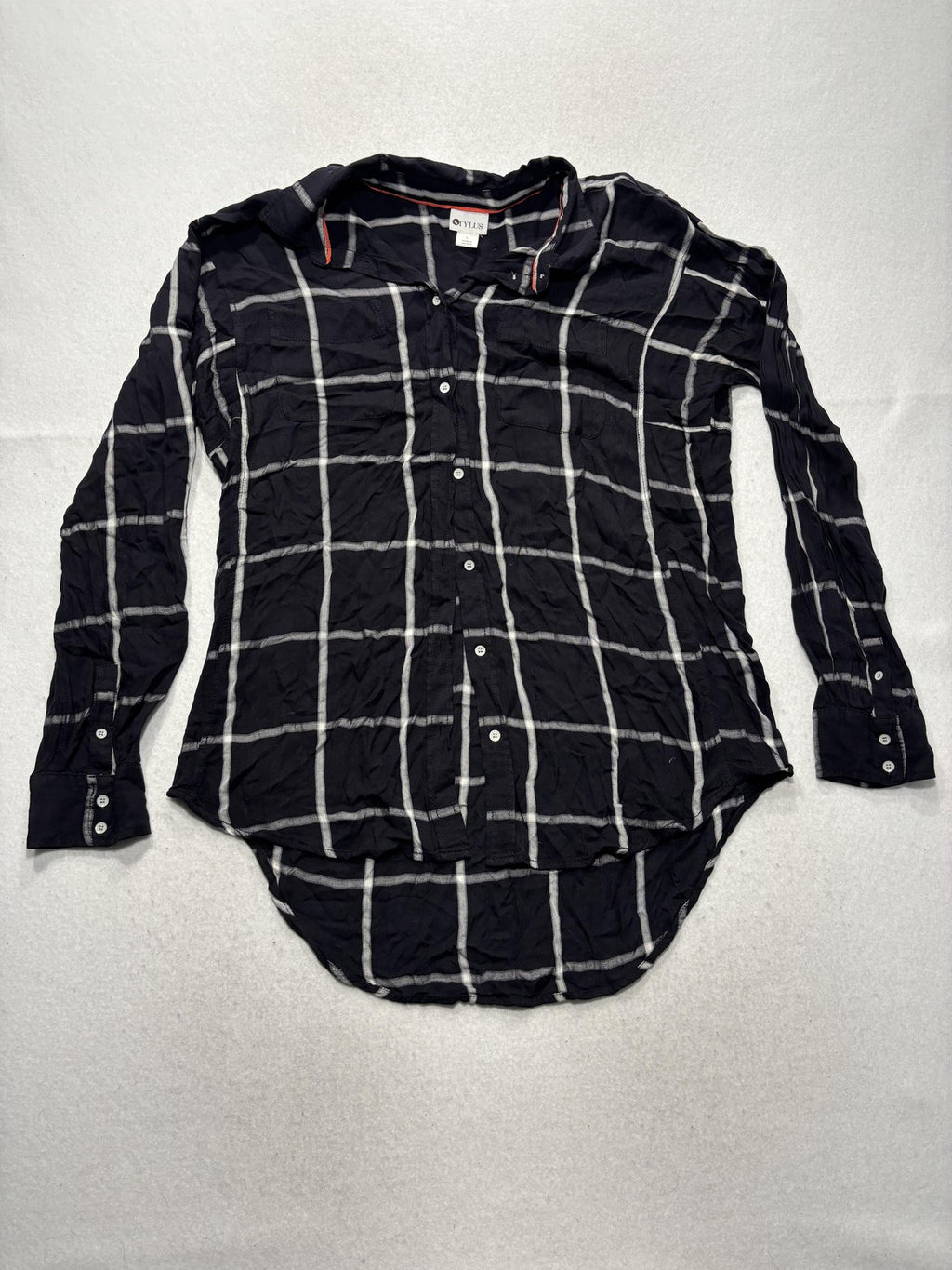 Stylus Button Up Shirt Womens L Black Plaid Long Sleeve Tunic Top Casual Fall