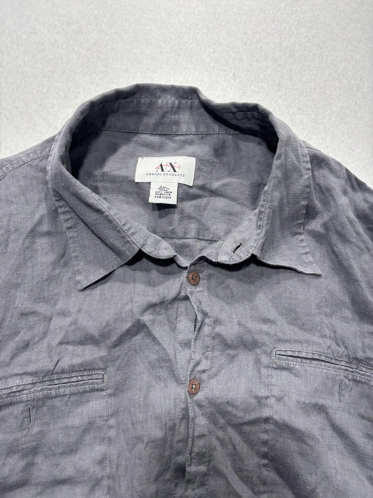 Armani Exchange Shirt Mens 2XL Gray Linen Short Sleeve Button Up Casual