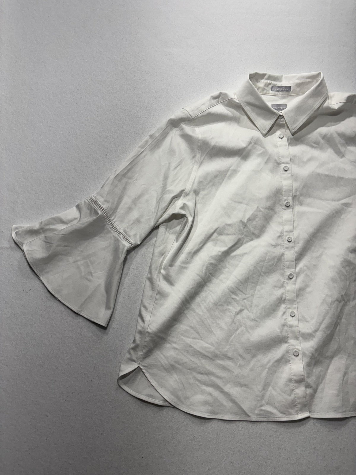Chico's Blouse Womens 12 White Button Front Collared 3/4 Bell Sleeve Tunic Top