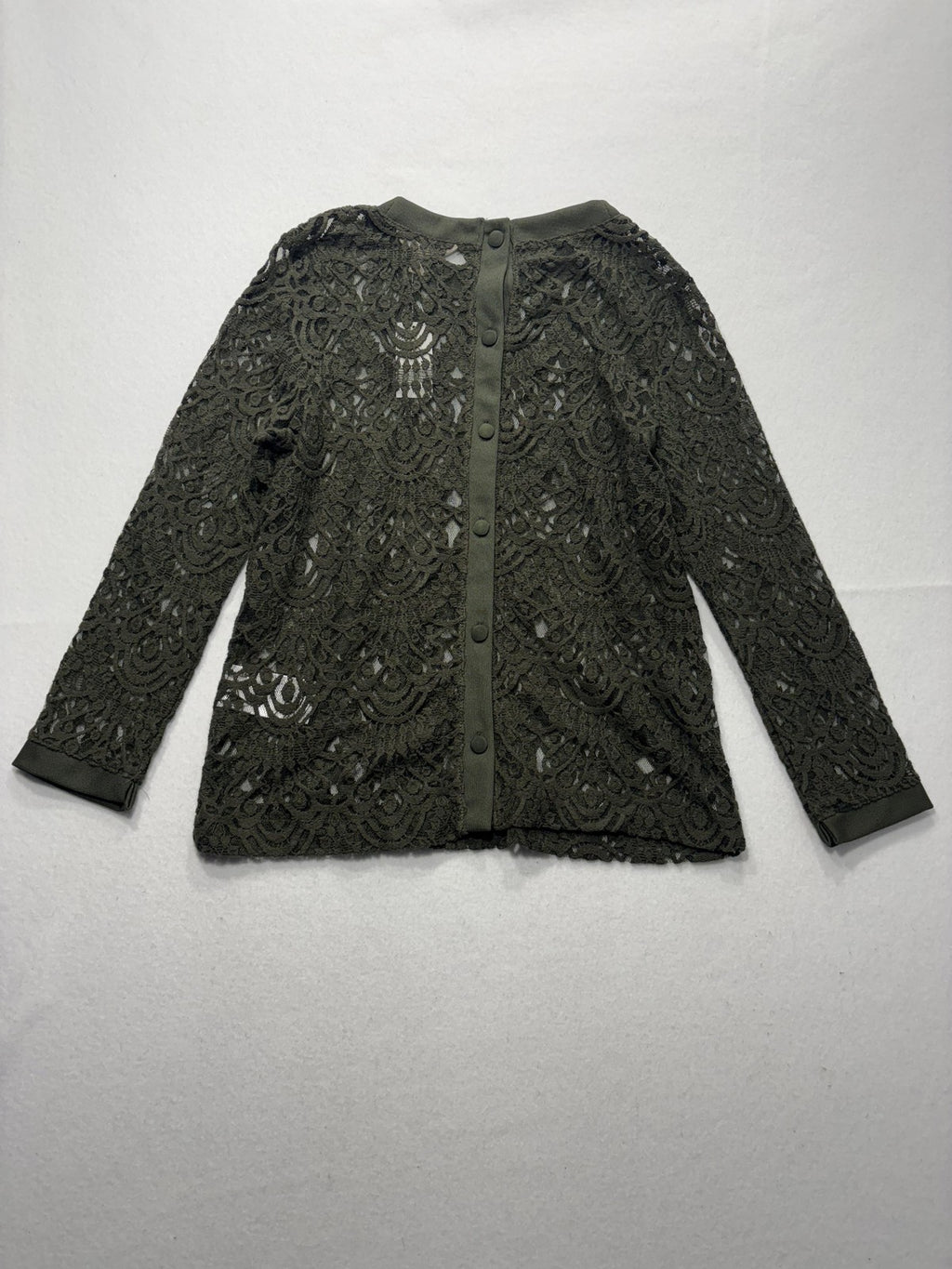 Banana Republic Blouse Womens Medium Green Lace Crew Neck Long Sleeve Sheer Top