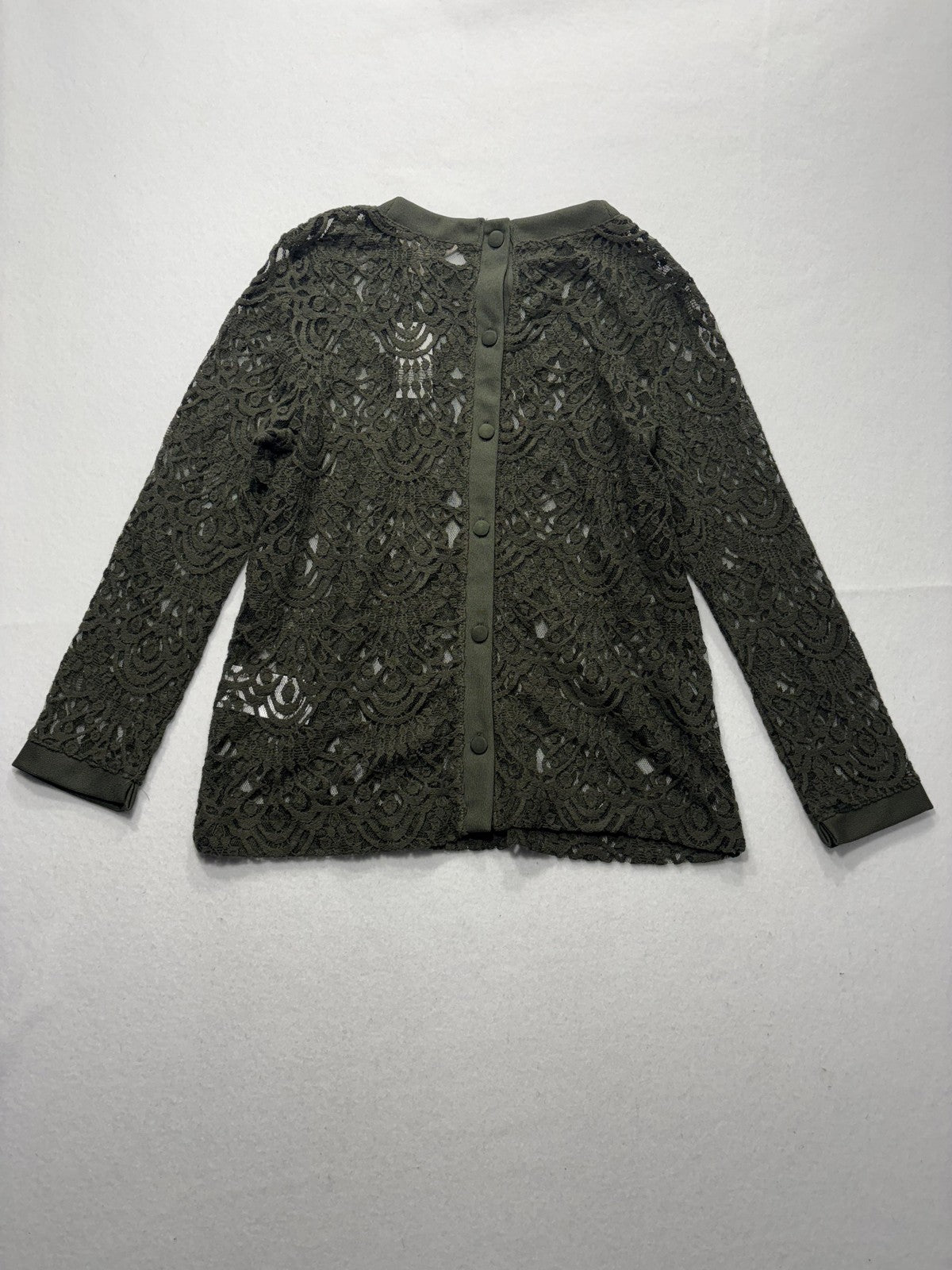 Banana Republic Blouse Womens Medium Green Lace Crew Neck Long Sleeve Sheer Top