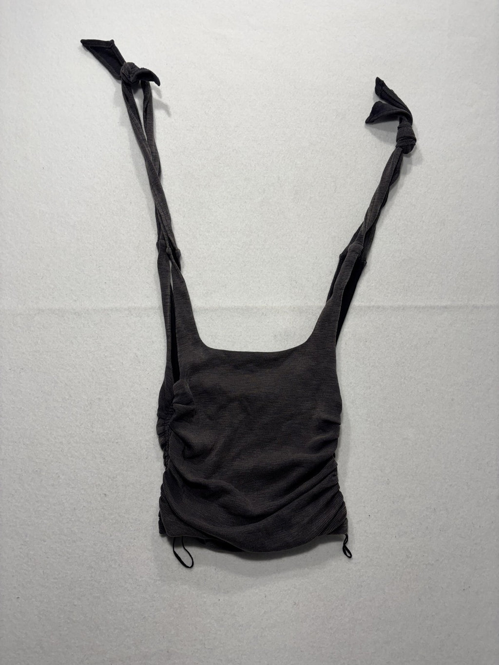Free People Tank Top Womens XS Gray Ruched Tie Strap Cropped Knit Summer Casual