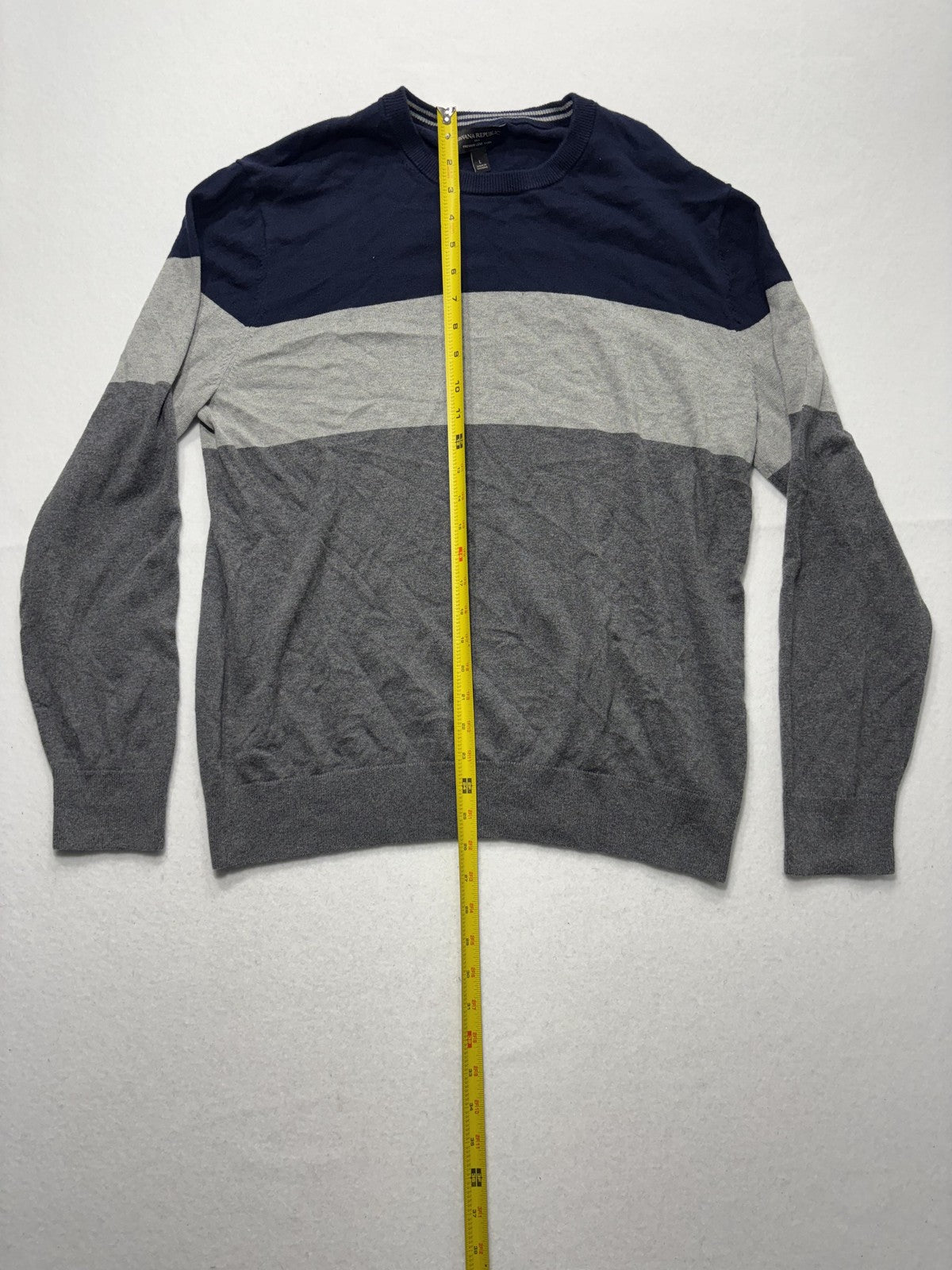 Banana Republic Sweater Mens Large Blue Gray Striped Crew Neck Knit Pullover