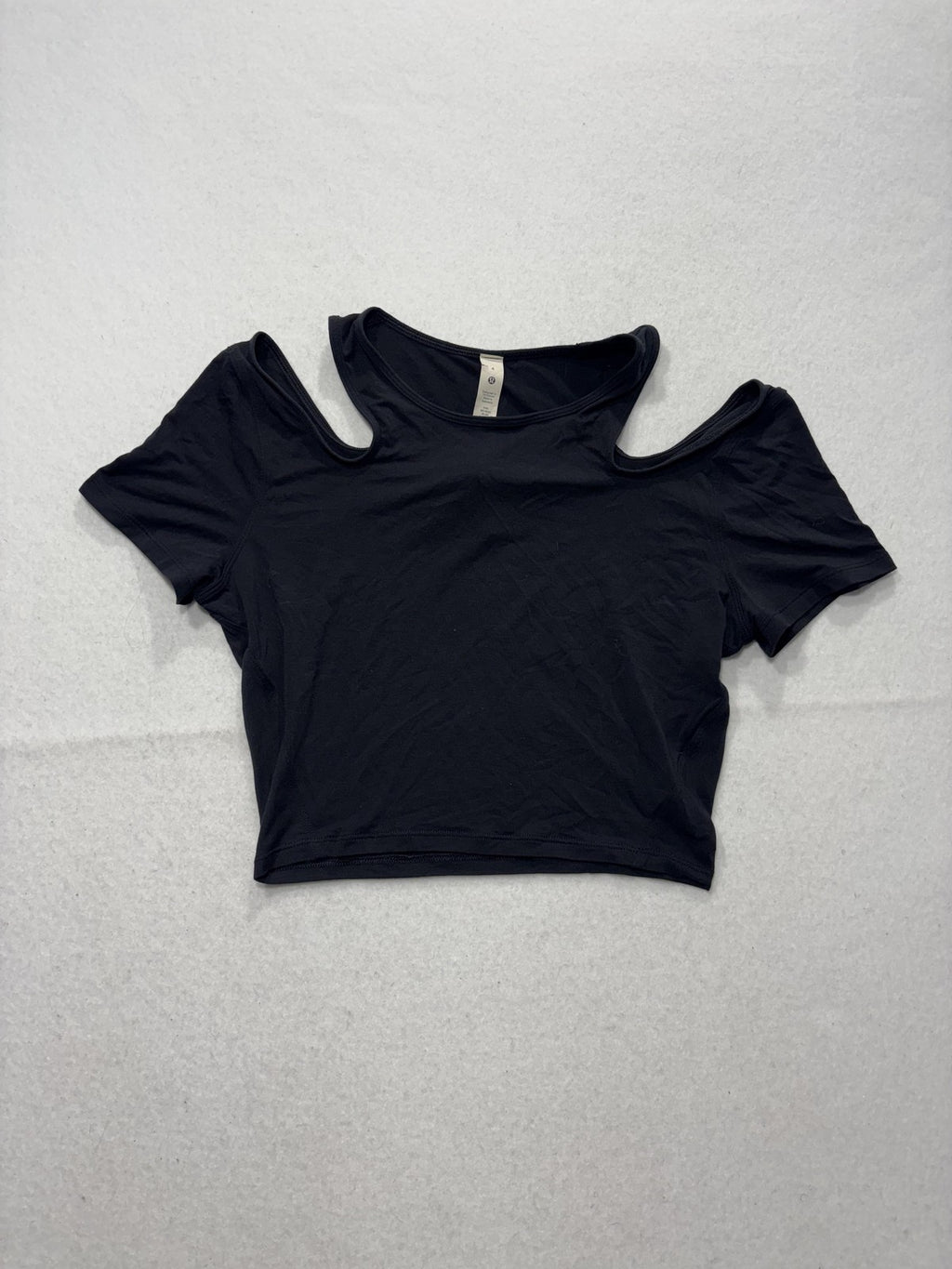 Lululemon Shirt Womens 4 Black Cold Shoulder Crew Neck Cropped Stretch Tee Top