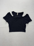 Lululemon Shirt Womens 4 Black Cold Shoulder Crew Neck Cropped Stretch Tee Top