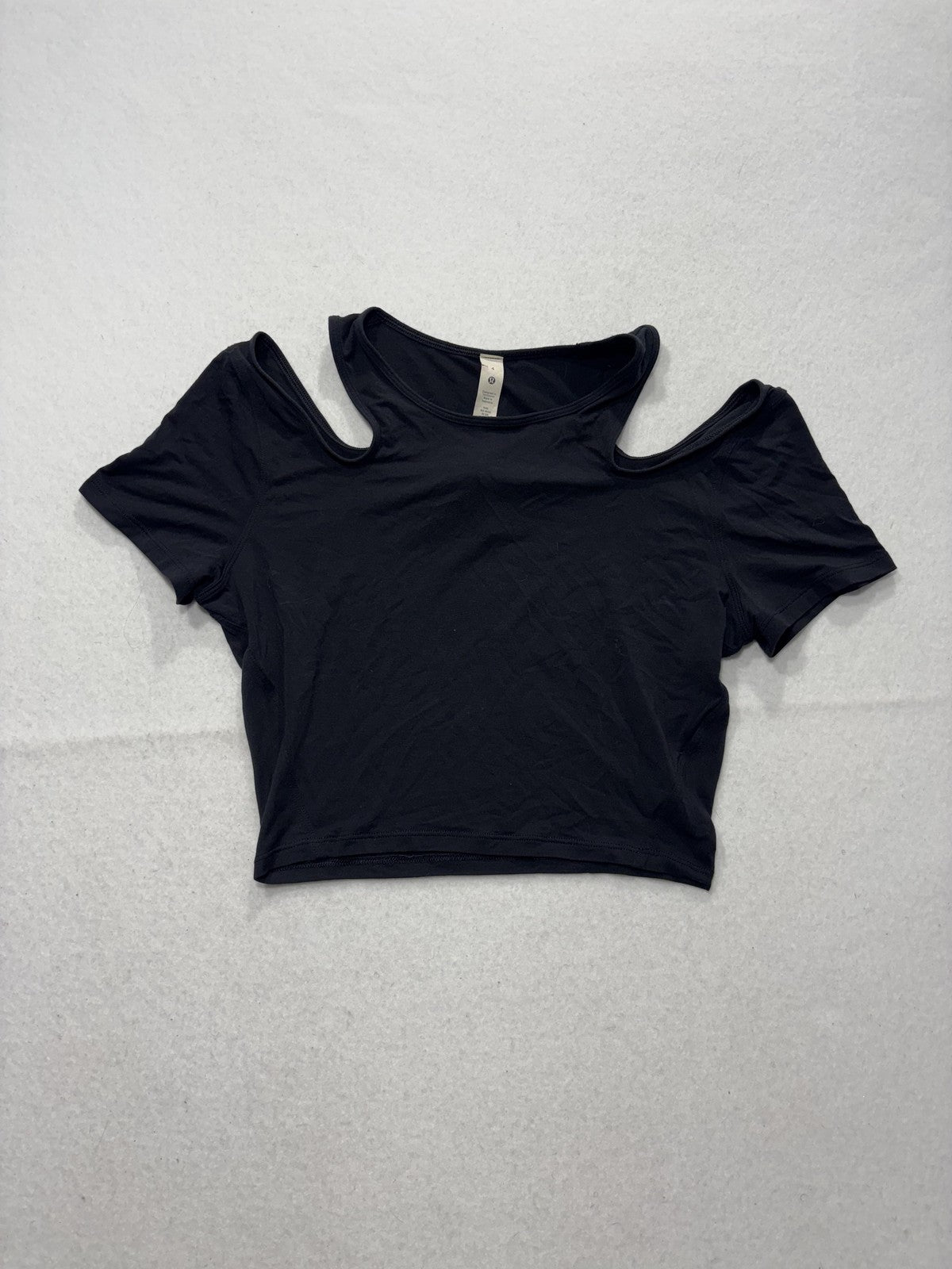 Lululemon Shirt Womens 4 Black Cold Shoulder Crew Neck Cropped Stretch Tee Top
