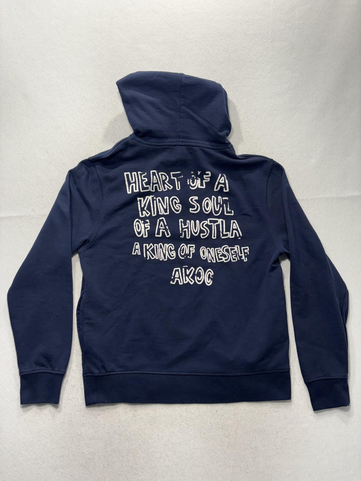 AKOO Hoodie Mens Large Blue Fleece Pullover Fox Graphic Hip Hop Slogan Back