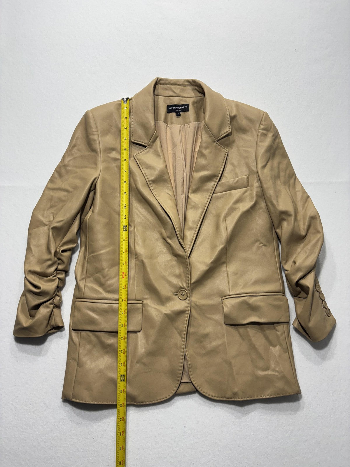 Generation Love Blazer Womens S Beige Faux Leather Ruched Sleeve Lined Jacket