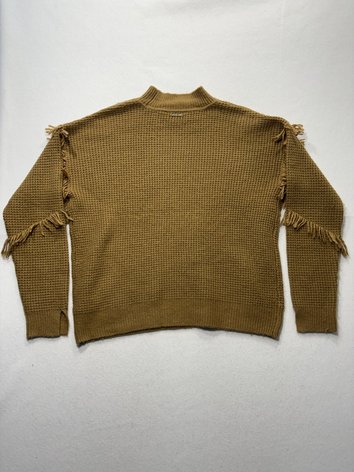 MICHAEL Michael Kors Sweater Womens Large Brown Waffle Knit Fringe Mock Neck
