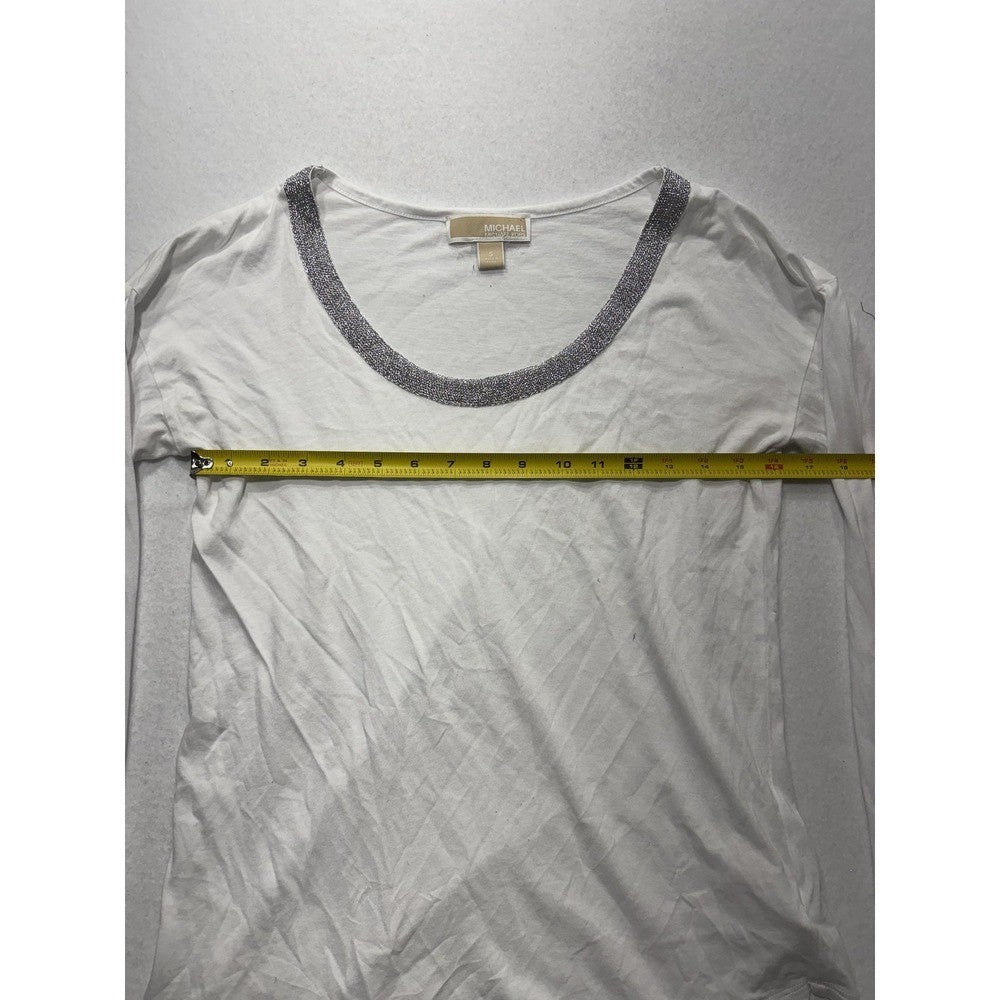 MICHAEL Michael Kors Top Womens Small White Scoop Neck Beaded Long Sleeve Jersey