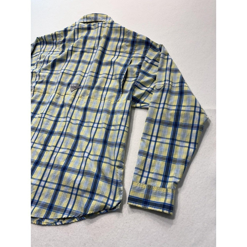 Columbia PFG Shirt Mens Medium Yellow Blue Plaid Long Sleeve Fishing Button Up