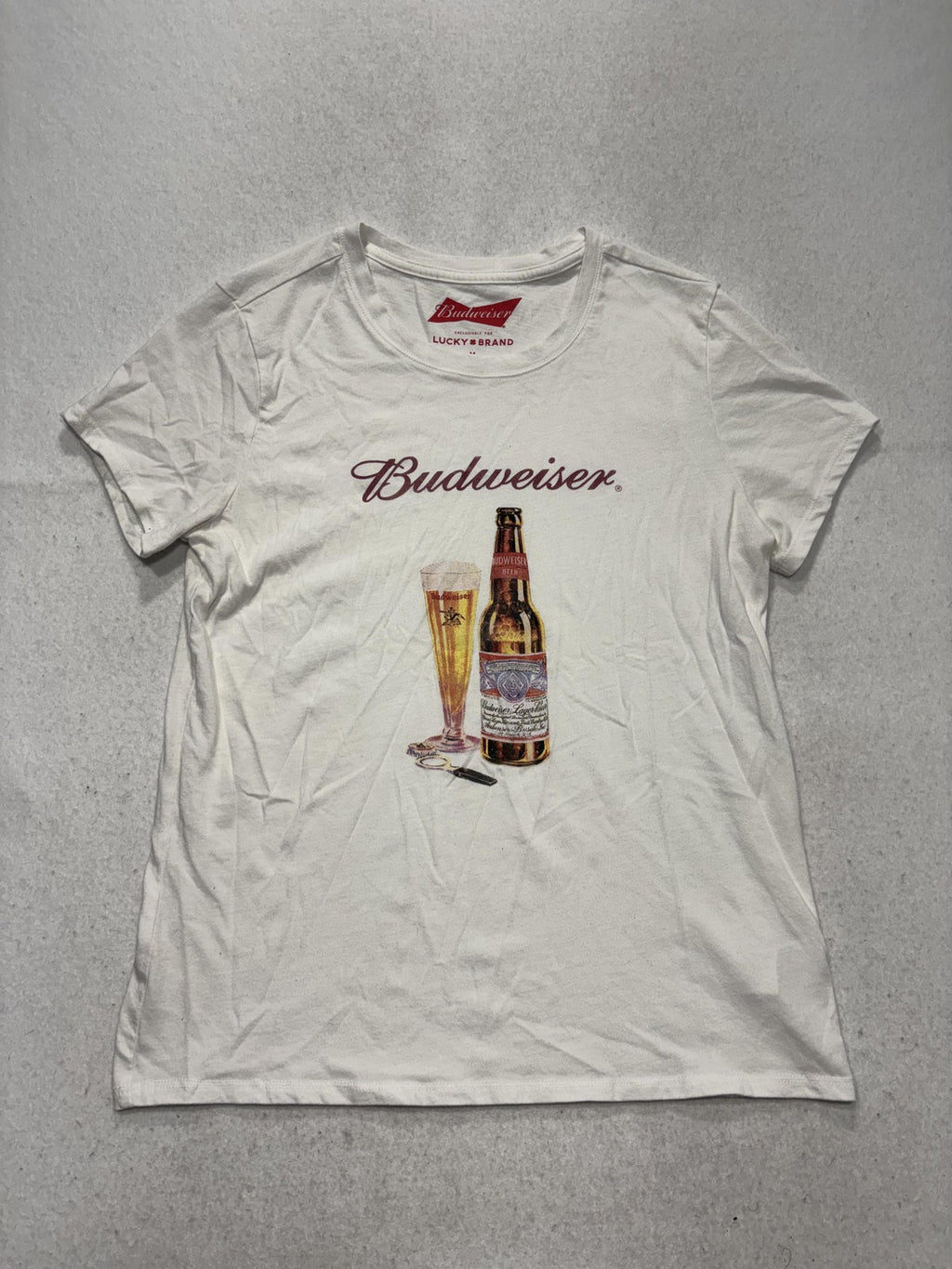 Lucky Brand Shirt Womens Medium White Budweiser Beer Graphic Crew Neck Tee
