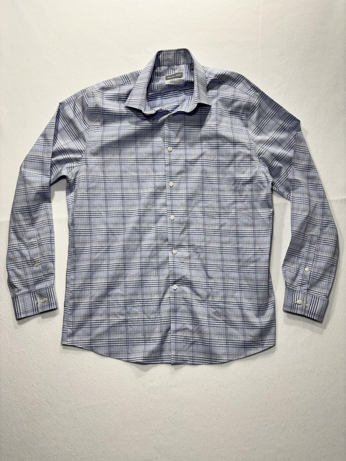 Michael Kors Dress Shirt Mens Large Blue Plaid Long Sleeve Non Iron Stretch