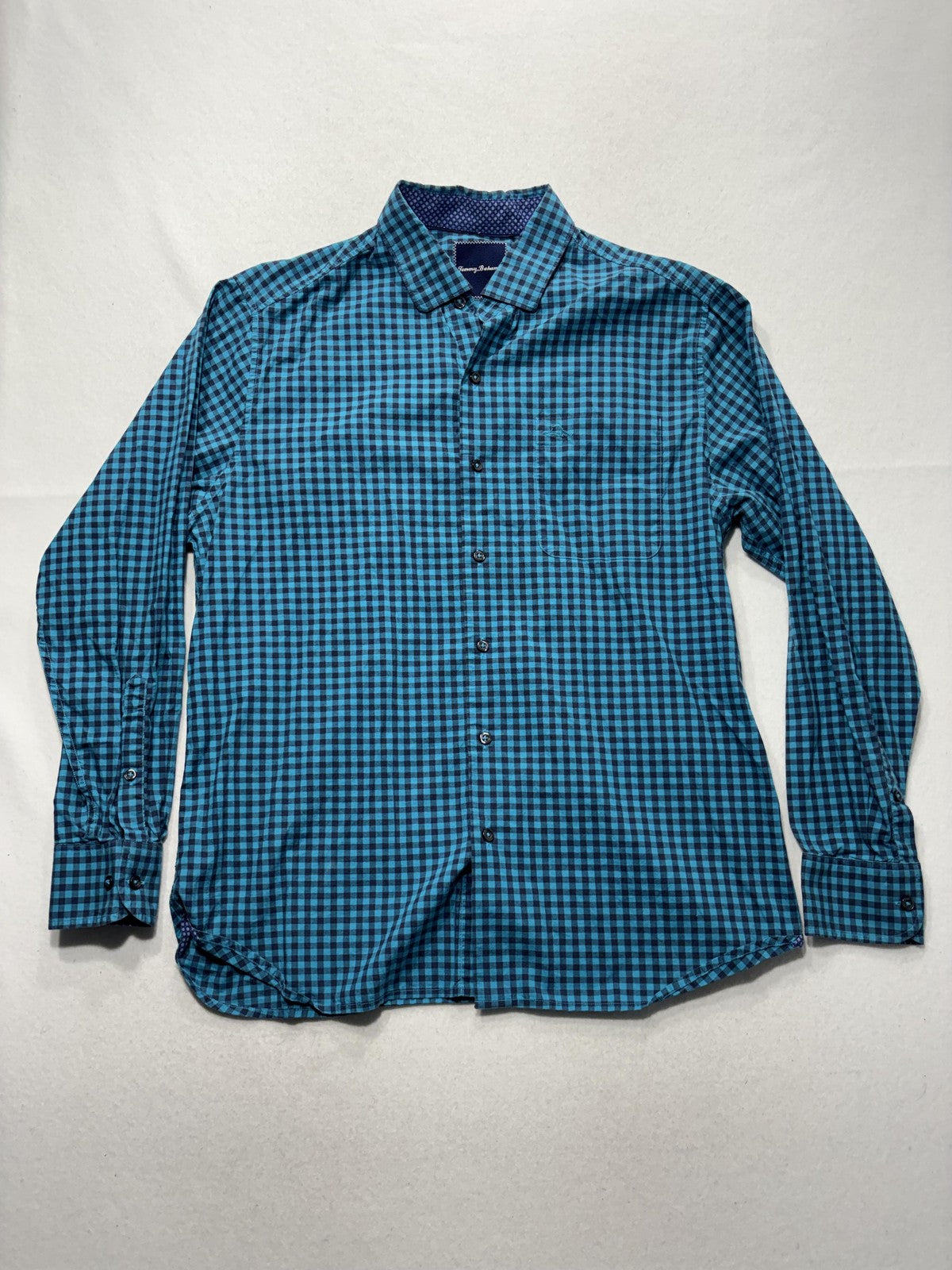 Tommy Bahama Shirt Mens Medium Blue Gingham Pima Cotton Long Sleeve Button Up